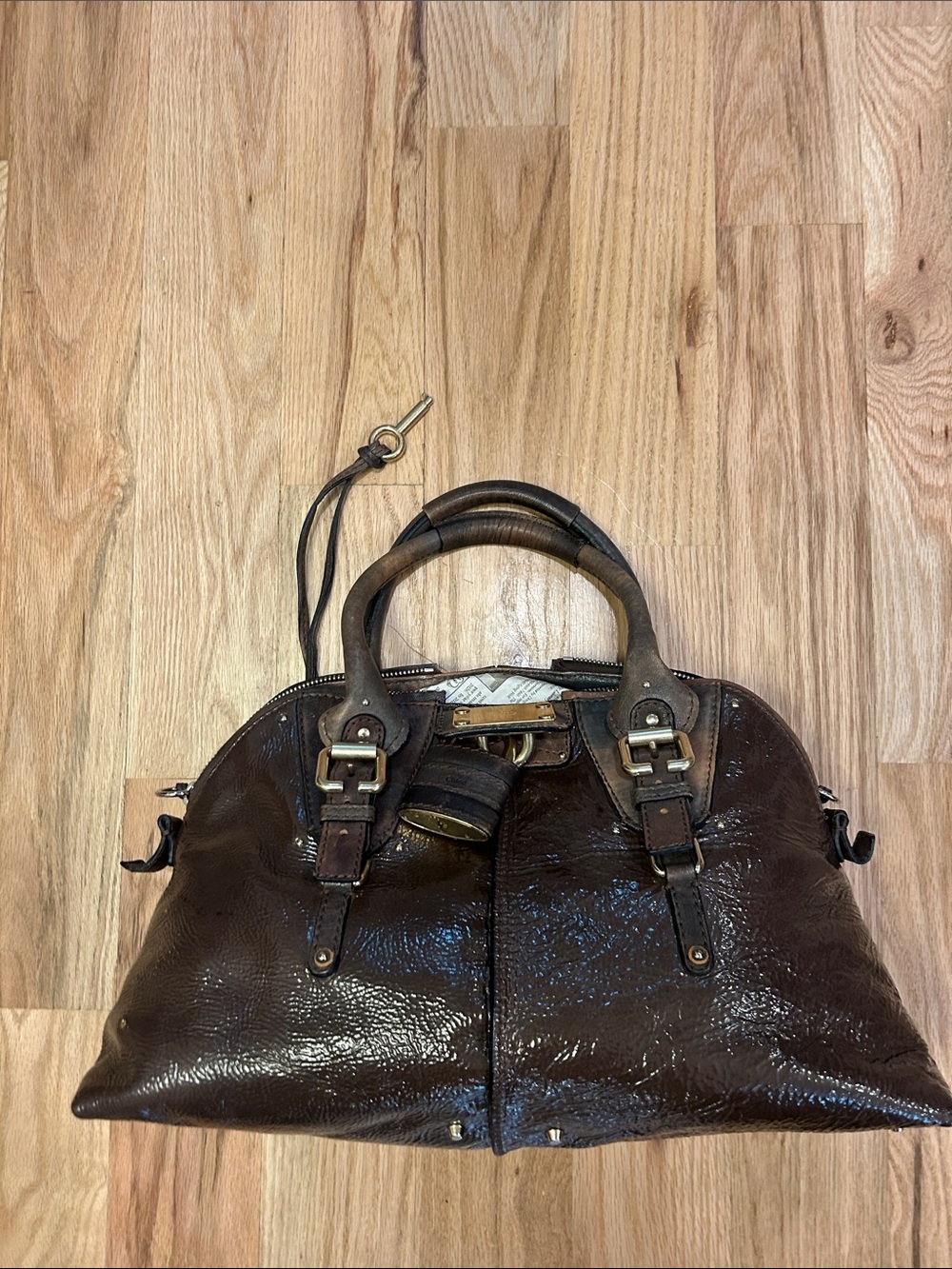 CHLOE Patent Leather Paddington Shoulder Bag VINTAGE BROWN GOLD HARDWARE LARGE